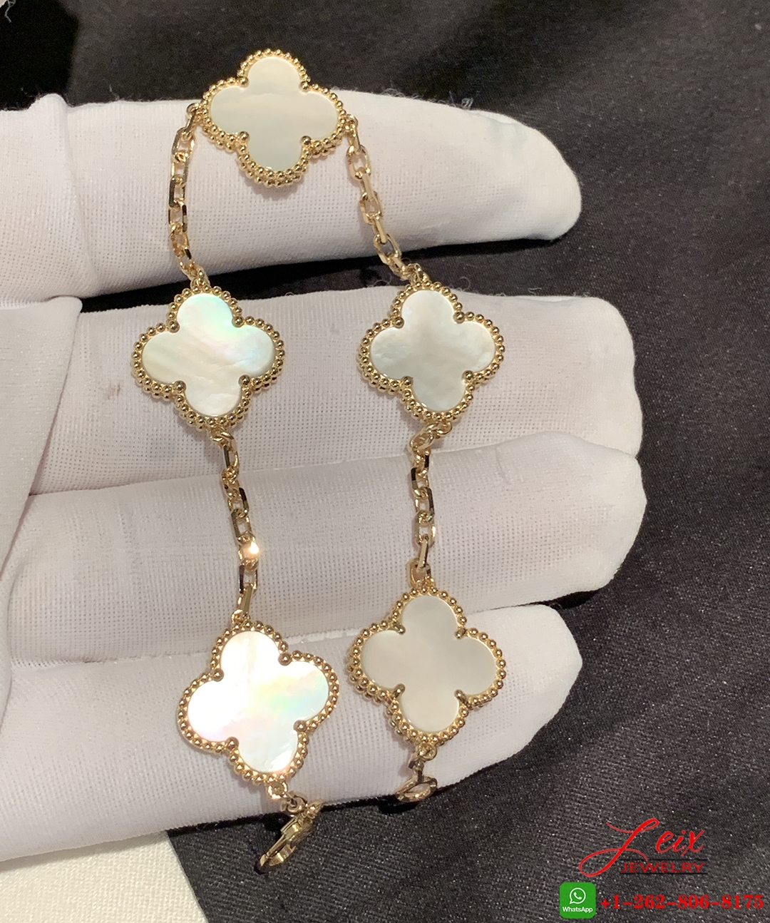 Van Cleef & Arpels Vintage Alhambra 5 Motif Mother Of Pearl 18k Yellow Gold Bracelet (1) Van Cleef & Arpels Vintage Alhambra 5 Motif Mother Of Pearl 18k Yellow Gold Bracelet