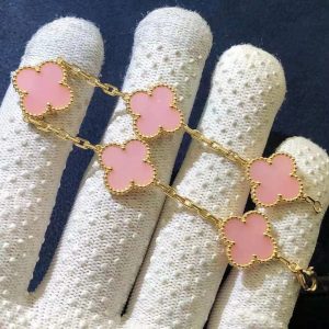 Van Cleef & Arpels Vintage Alhambra 5 Motif Pink Opal 18K Yellow Gold Bracelet