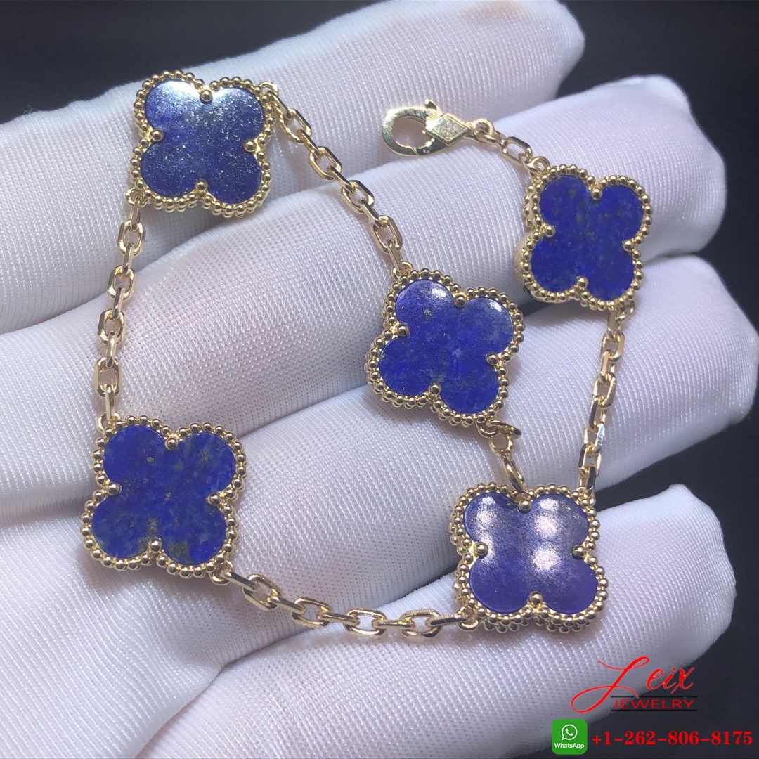 Van Cleef & Arpels Vintage Alhambra 5 Motifs Lapis Lazuli 18k Yellow Gold Bracelet