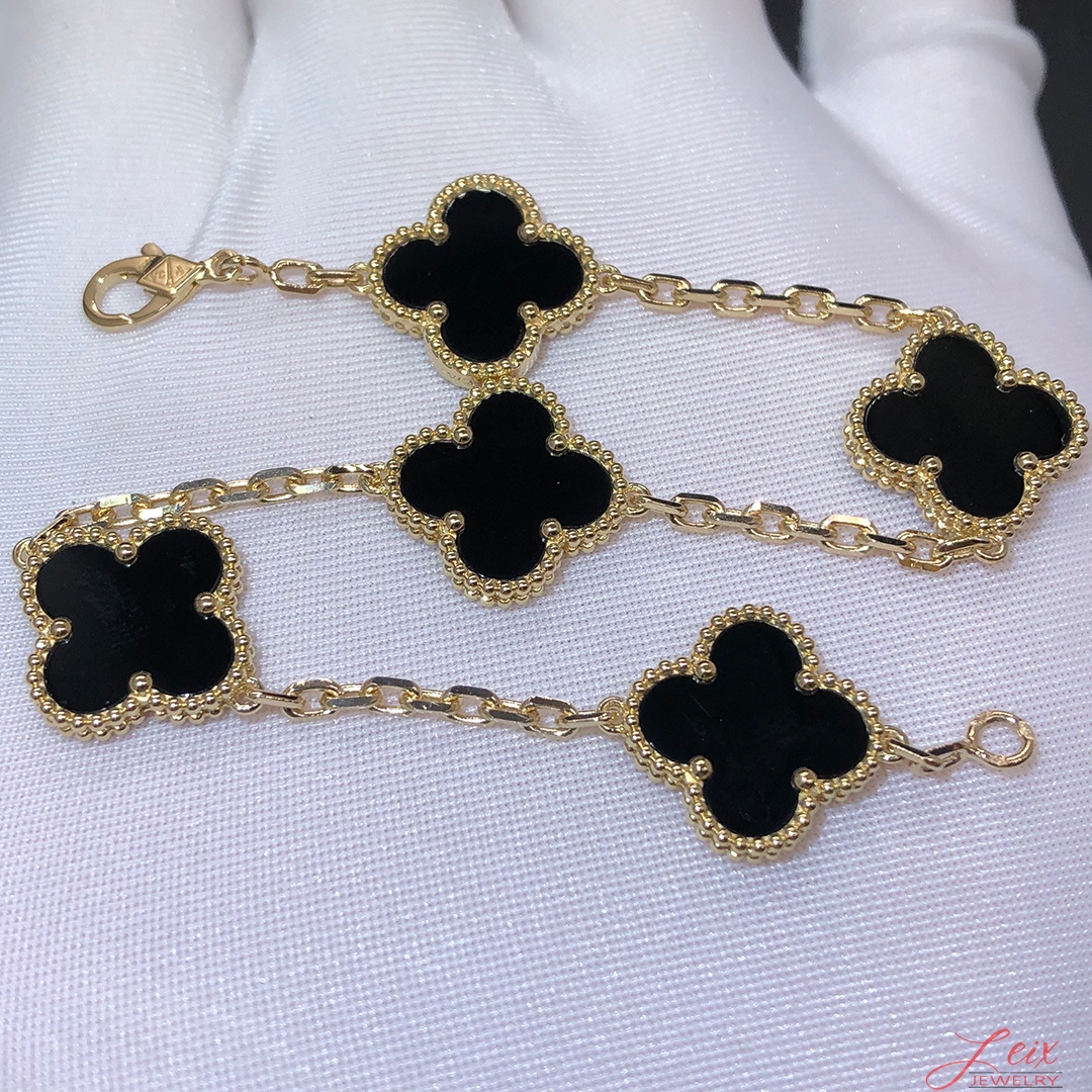 Van Cleef & Arpels Vintage Alhambra 5 Motifs Onyx 18K Yellow Gold Bracelet