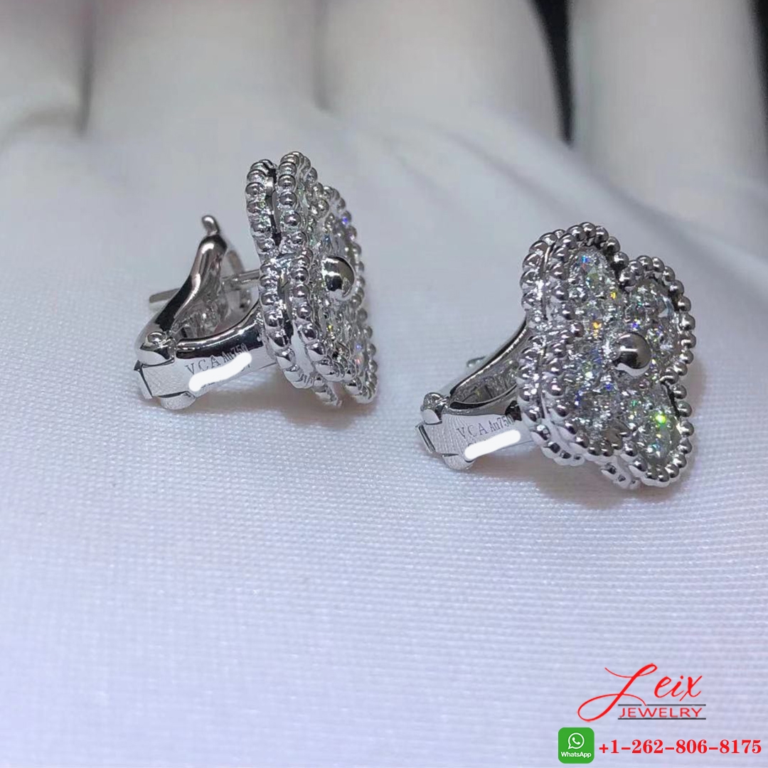Van Cleef & Arpels Vintage Alhambra Diamond Pave 18K White Gold Earrings (2) Van Cleef & Arpels Vintage Alhambra Diamond Pave 18K White Gold Earrings
