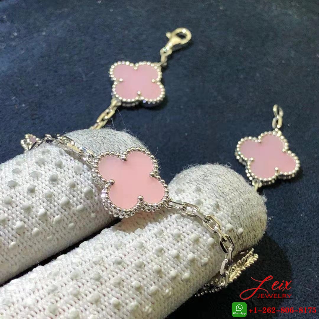 Van Cleef & Arpels Vintage Alhambra Pink Opal 18k White Gold 5 Motifs Bracelet (1) Van Cleef & Arpels Vintage Alhambra Pink Opal 18k White Gold 5 Motifs Bracelet