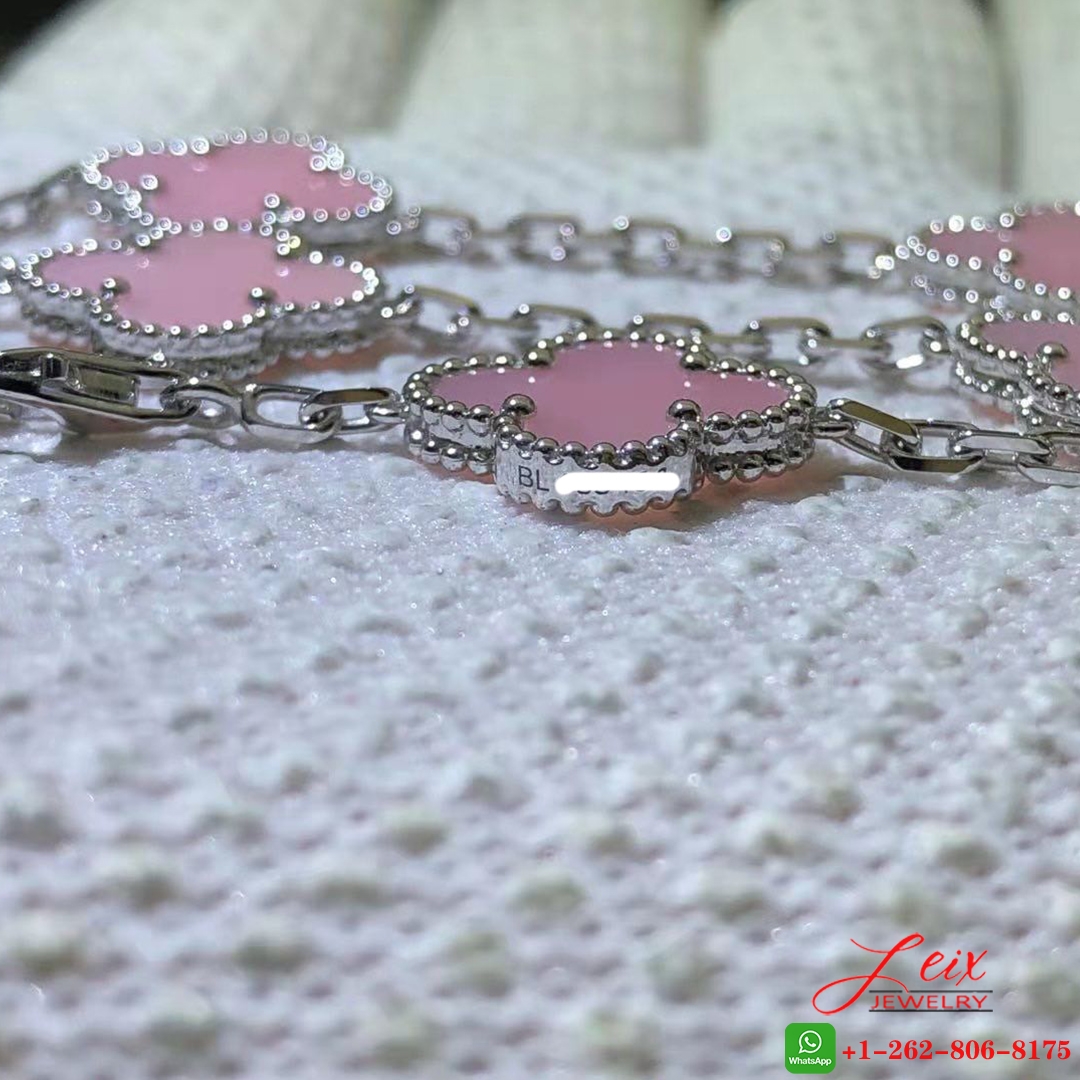 Van Cleef & Arpels Vintage Alhambra Pink Opal 18k White Gold 5 Motifs Bracelet (3)