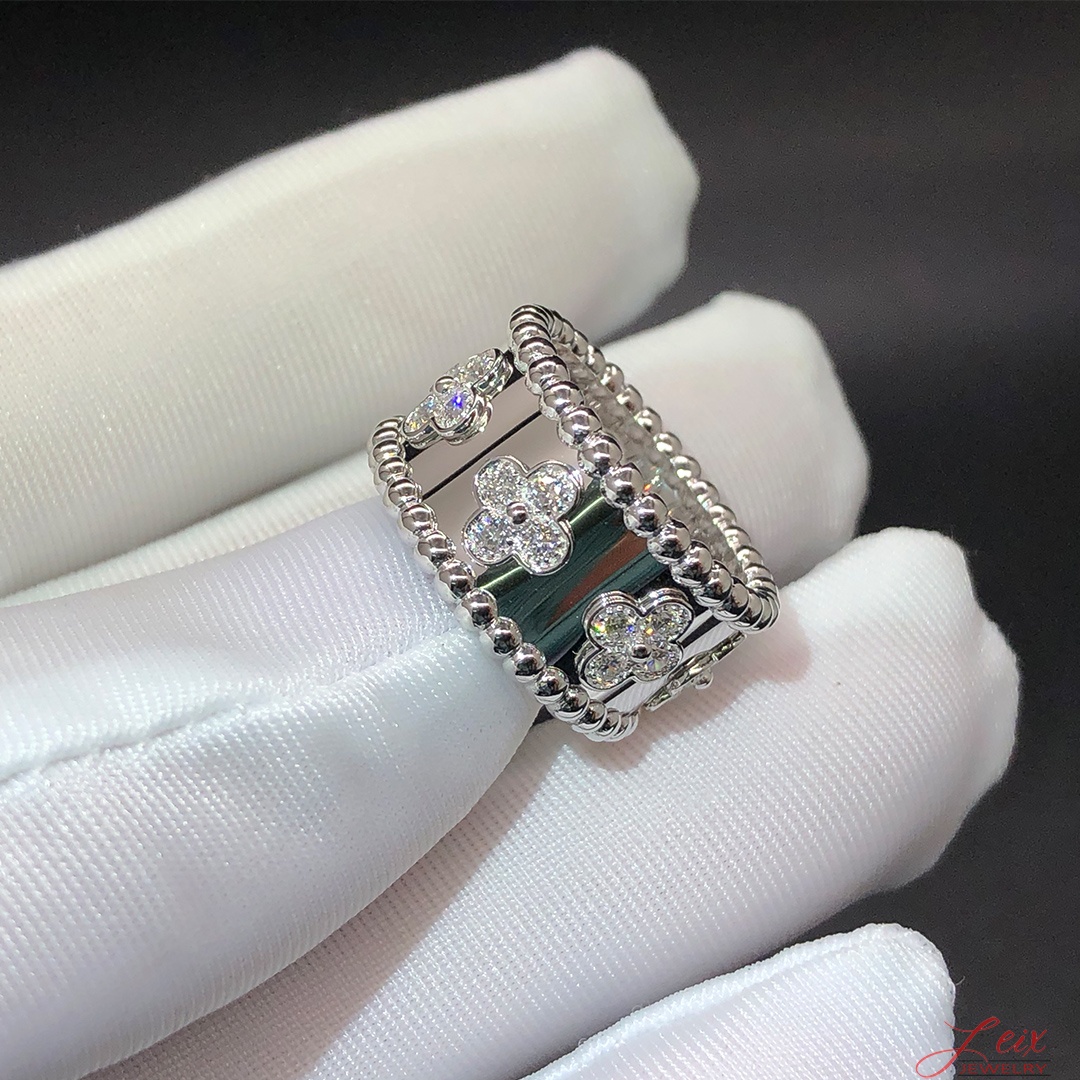 Van Cleef & Arpels White Gold Diamond Perlee Clovers Medium Ring (1) Van Cleef & Arpels White Gold Diamond Perlee Clovers Medium Ring