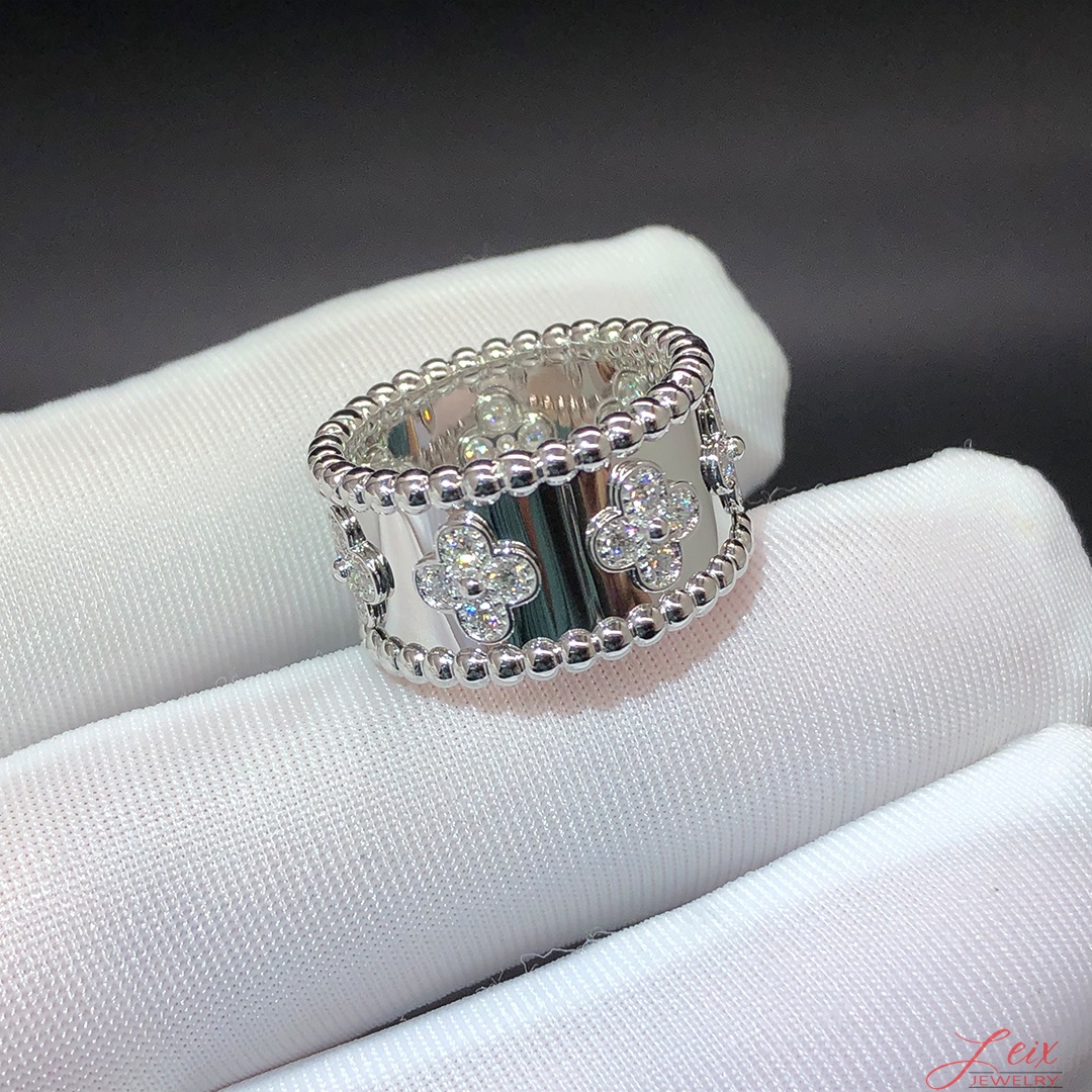 Van Cleef & Arpels White Gold Diamond Perlee Clovers Medium Ring (3) Van Cleef & Arpels White Gold Diamond Perlee Clovers Medium Ring