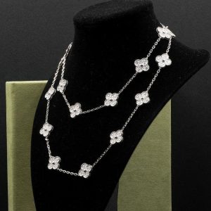 Van Cleef Vintage Alhambra 20 Motif 18k White Gold 9.67ct Diamond Paved Long Necklace