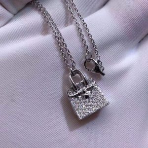 Hermes Amulete Birkin Bag 18K White Gold Full Pave Diamonds Pendant Necklace