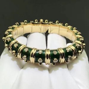 Tiffany & Co. Jean Schlumberger 18k Yellow Gold Green Enamel 3.0CT Diamond Narrow Bracelet