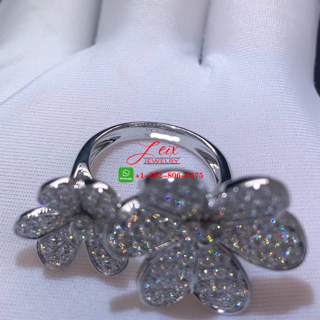 VCA Frivole 18k White Gold Two Flowers Full Pave Diamond Between The Finger Ring (1) VCA Frivole 18k White Gold Two Flowers Full Pave Diamond Between The Finger Ring
