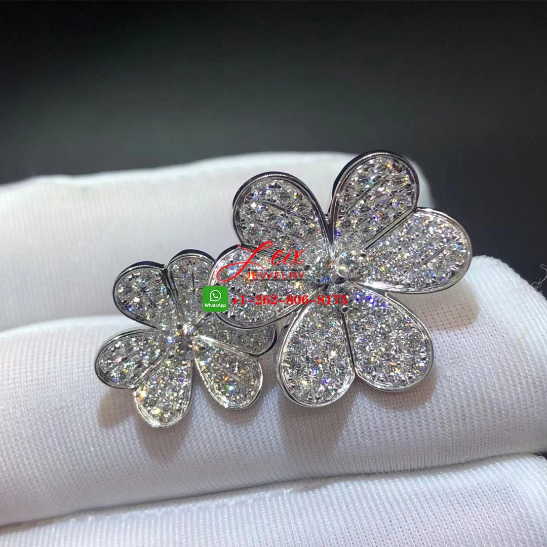 VCA Frivole 18k White Gold Two Flowers Full Pave Diamond Between The Finger Ring (2) VCA Frivole 18k White Gold Two Flowers Full Pave Diamond Between The Finger Ring