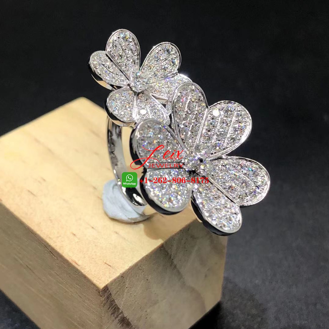 VCA Frivole 18k White Gold Two Flowers Full Pave Diamond Between The Finger Ring (3) VCA Frivole 18k White Gold Two Flowers Full Pave Diamond Between The Finger Ring