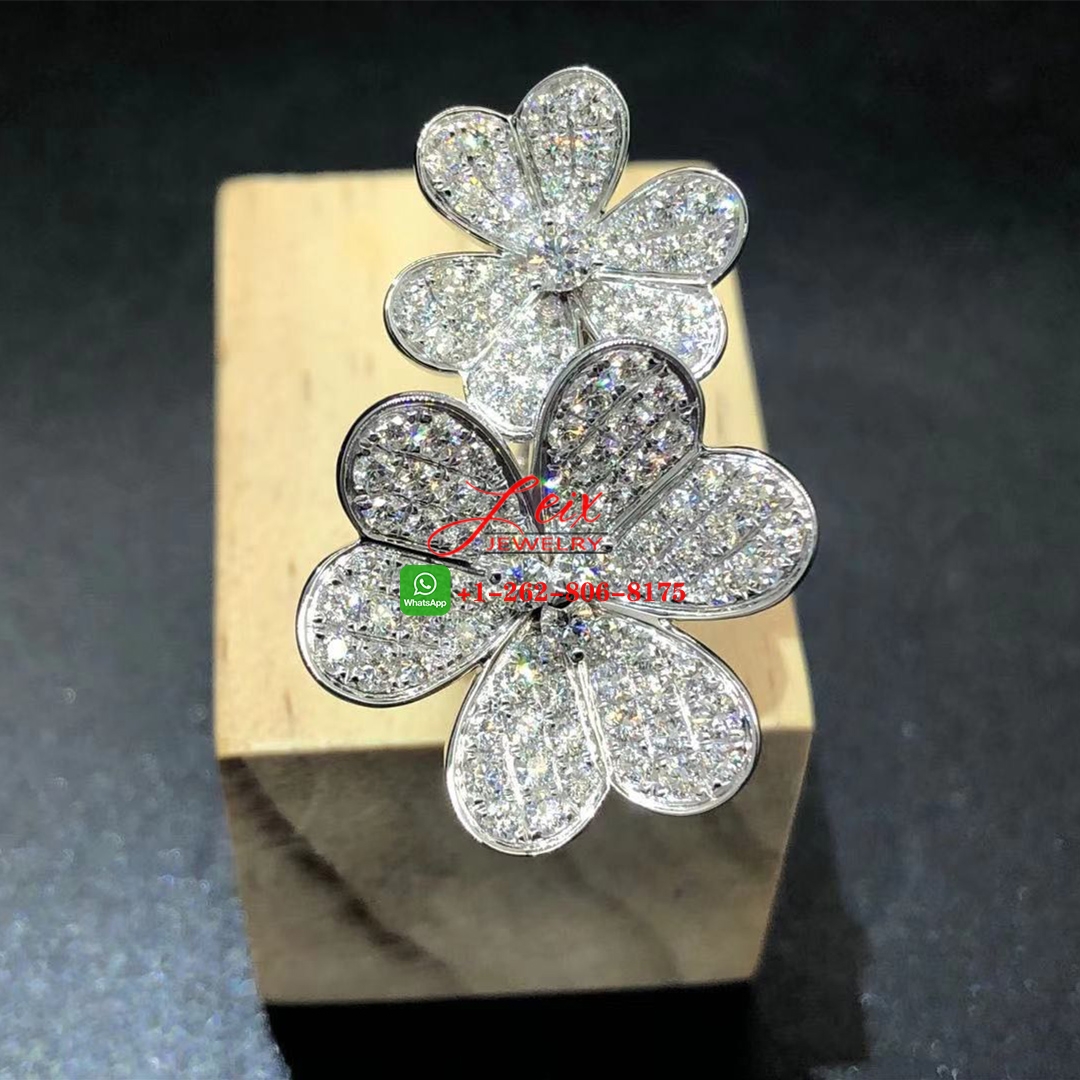 VCA Frivole 18k White Gold Two Flowers Full Pave Diamond Between The Finger Ring (4) VCA Frivole 18k White Gold Two Flowers Full Pave Diamond Between The Finger Ring