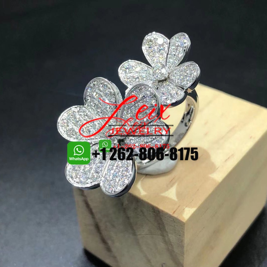 VCA Frivole 18k White Gold Two Flowers Full Pave Diamond Between The Finger Ring VCA Frivole 18k White Gold Two Flowers Full Pave Diamond Between The Finger Ring