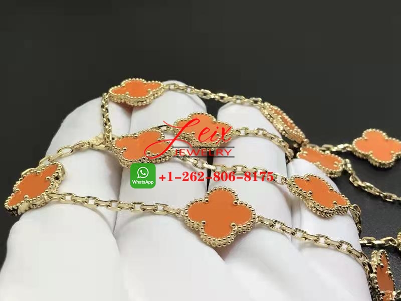 VCA Vintage Alhambra 18k Yellow Gold Orange Coral 20 Motifs Long Necklace (2) VCA Vintage Alhambra 18k Yellow Gold Orange Coral 20 Motifs Long Necklace (2)