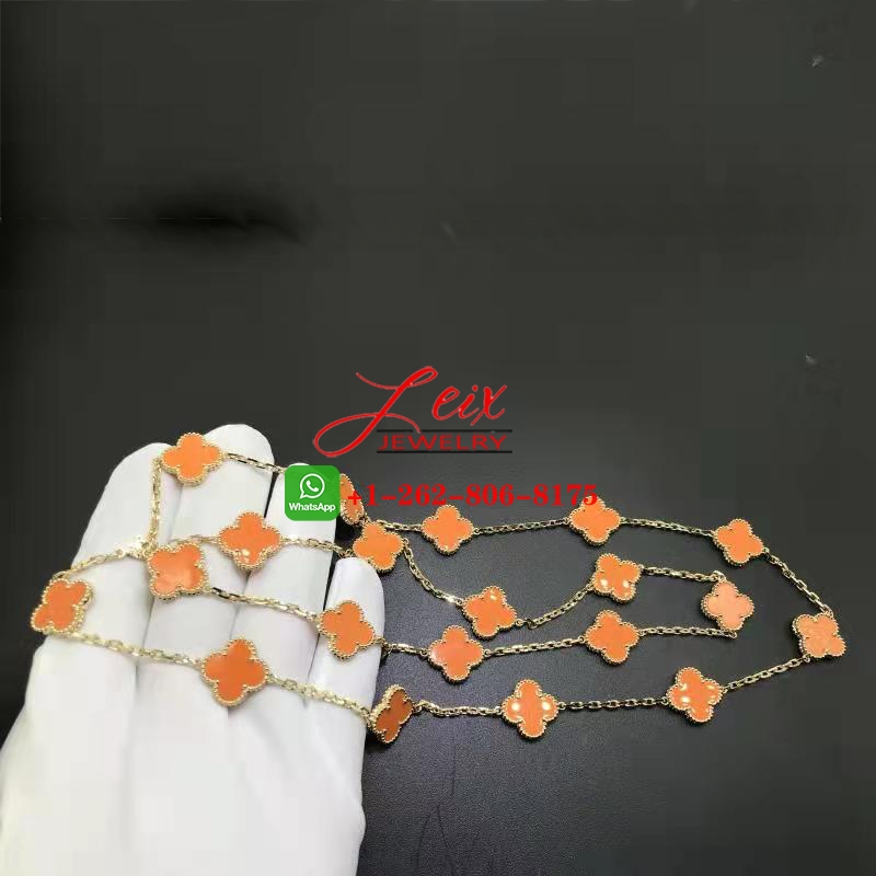 VCA Vintage Alhambra 18k Yellow Gold Orange Coral 20 Motifs Long Necklace