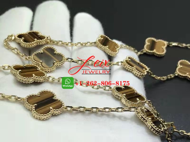 Van Cleef 18K Yellow Gold 20 Motifs Tiger's Eye Vintage Alhambra Long Necklace (2) Van Cleef 18K Yellow Gold 20 Motifs Tiger's Eye Vintage Alhambra Long Necklace