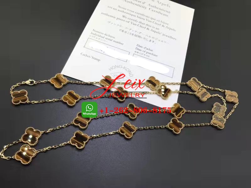 Van Cleef 18K Yellow Gold 20 Motifs Tiger's Eye Vintage Alhambra Long Necklace (5) Van Cleef 18K Yellow Gold 20 Motifs Tiger's Eye Vintage Alhambra Long Necklace