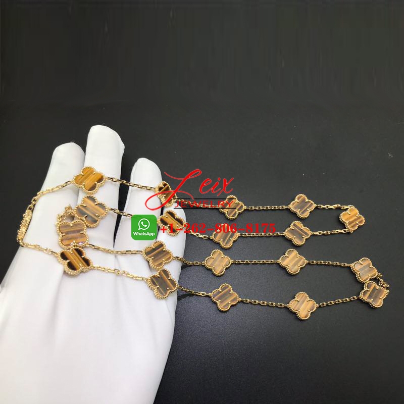 Van Cleef 18K Yellow Gold 20 Motifs Tiger's Eye Vintage Alhambra Long Necklace