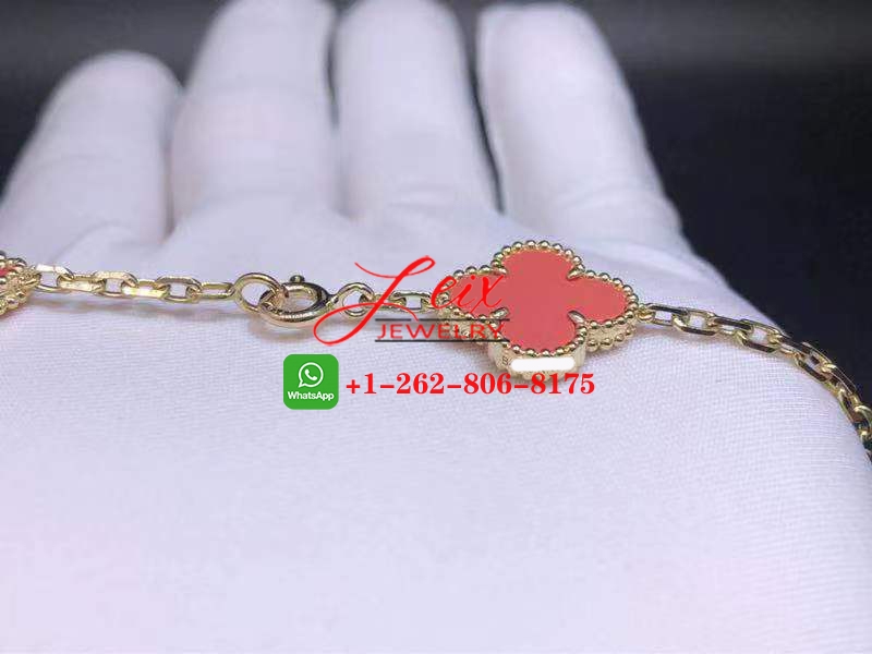 Van Cleef & Arpels 18K Yellow Gold Coral Vintage Alhambra 20 Motif Long Necklace (1) Van Cleef & Arpels 18K Yellow Gold Coral Vintage Alhambra 20 Motif Long Necklace