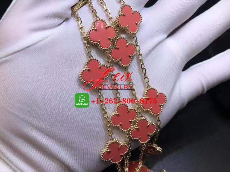 Van Cleef & Arpels 18K Yellow Gold Coral Vintage Alhambra 20 Motif Long Necklace (2) Van Cleef & Arpels 18K Yellow Gold Coral Vintage Alhambra 20 Motif Long Necklace