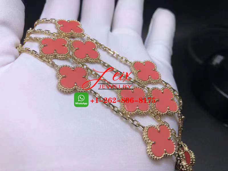 Van Cleef & Arpels 18K Yellow Gold Coral Vintage Alhambra 20 Motif Long Necklace (3) Van Cleef & Arpels 18K Yellow Gold Coral Vintage Alhambra 20 Motif Long Necklace