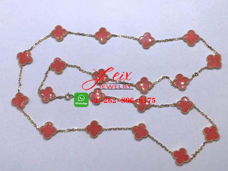 Van Cleef & Arpels 18K Yellow Gold Coral Vintage Alhambra 20 Motif Long Necklace (4) Van Cleef & Arpels 18K Yellow Gold Coral Vintage Alhambra 20 Motif Long Necklace