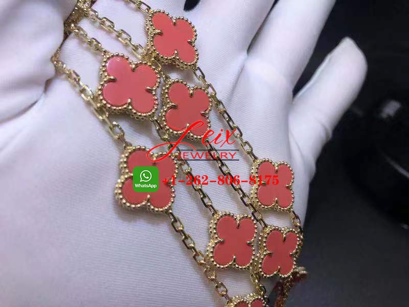 Van Cleef & Arpels 18K Yellow Gold Coral Vintage Alhambra 20 Motif Long Necklace (5) Van Cleef & Arpels 18K Yellow Gold Coral Vintage Alhambra 20 Motif Long Necklace