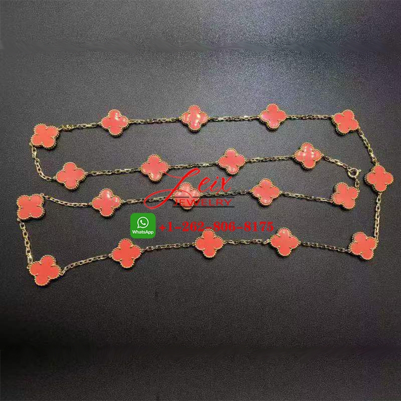 Van Cleef & Arpels 18K Yellow Gold Coral Vintage Alhambra 20 Motif Long Necklace Van Cleef & Arpels 18K Yellow Gold Coral Vintage Alhambra 20 Motif Long Necklace