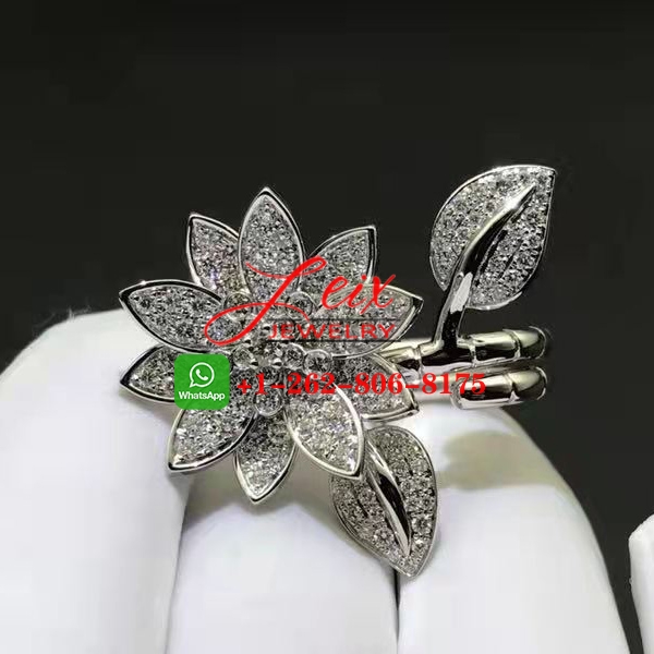 Van Cleef & Arpels 18k White Gold 2.14ct Pave Diamond Lotus Between the Finger Ring (1) Van Cleef & Arpels 18k White Gold 2.14ct Pave Diamond Lotus Between the Finger Ring