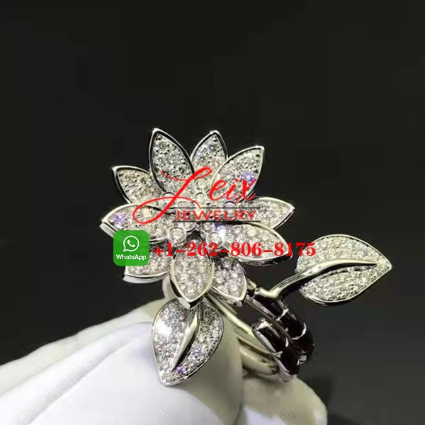 Van Cleef & Arpels 18k White Gold 2.14ct Pave Diamond Lotus Between the Finger Ring (2) Van Cleef & Arpels 18k White Gold 2.14ct Pave Diamond Lotus Between the Finger Ring