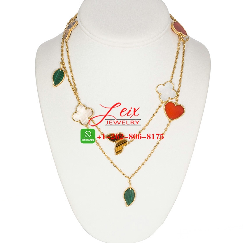 Van Cleef & Arpels Lucky Alhambra 12 Gemstone Motif 18k Yellow Gold Long Necklace (1) Van Cleef & Arpels Lucky Alhambra 12 Gemstone Motif 18k Yellow Gold Long Necklace