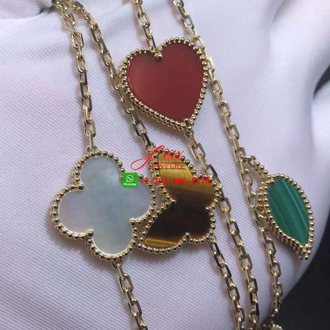 Van Cleef & Arpels Lucky Alhambra 12 Gemstone Motif 18k Yellow Gold Long Necklace (2) Van Cleef & Arpels Lucky Alhambra 12 Gemstone Motif 18k Yellow Gold Long Necklace
