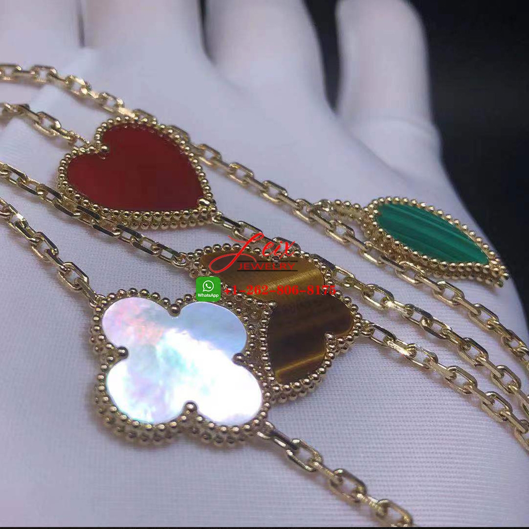 Van Cleef & Arpels Lucky Alhambra 12 Gemstone Motif 18k Yellow Gold Long Necklace (4) Van Cleef & Arpels Lucky Alhambra 12 Gemstone Motif 18k Yellow Gold Long Necklace