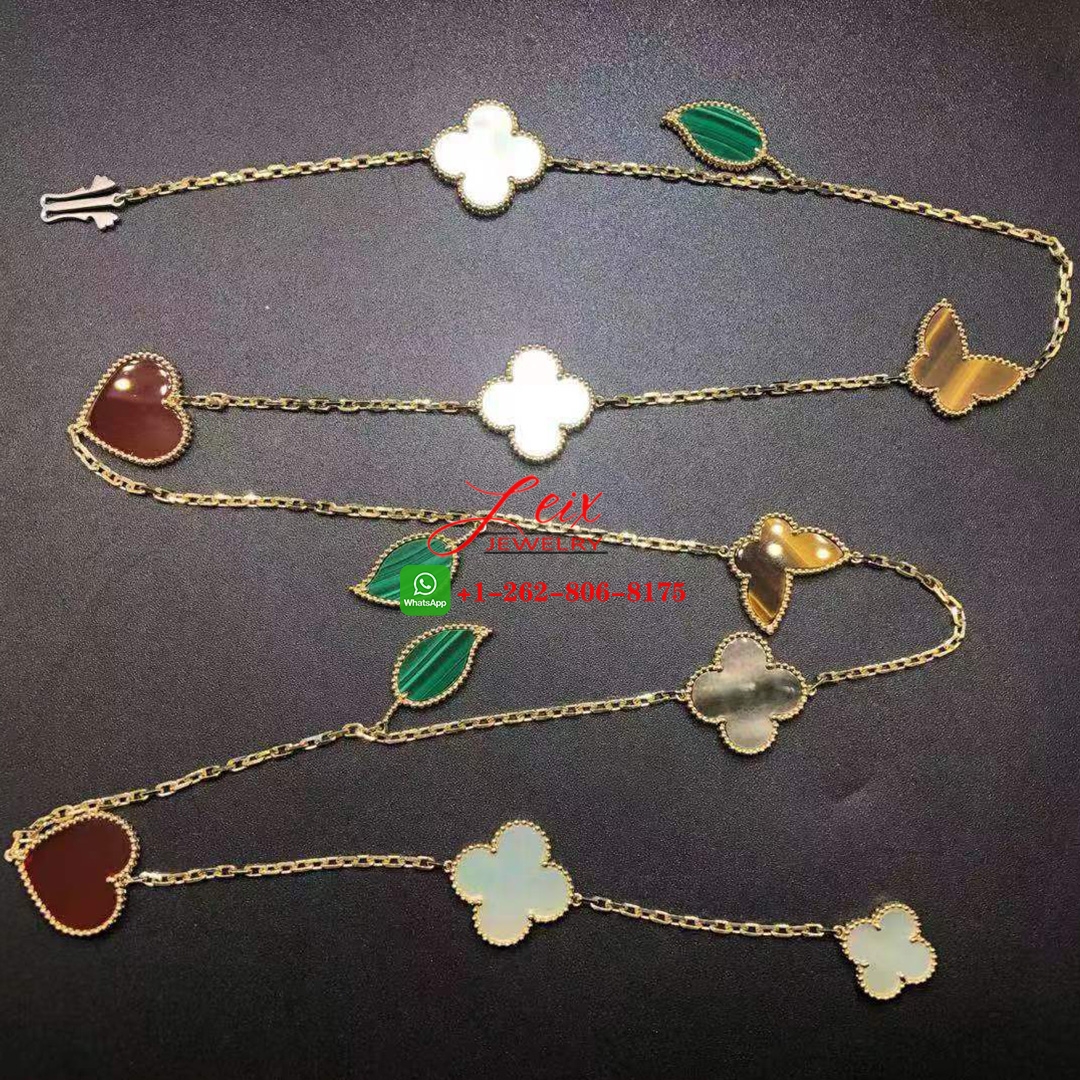 Van Cleef & Arpels Lucky Alhambra 12 Gemstone Motif 18k Yellow Gold Long Necklace Van Cleef & Arpels Lucky Alhambra 12 Gemstone Motif 18k Yellow Gold Long Necklace