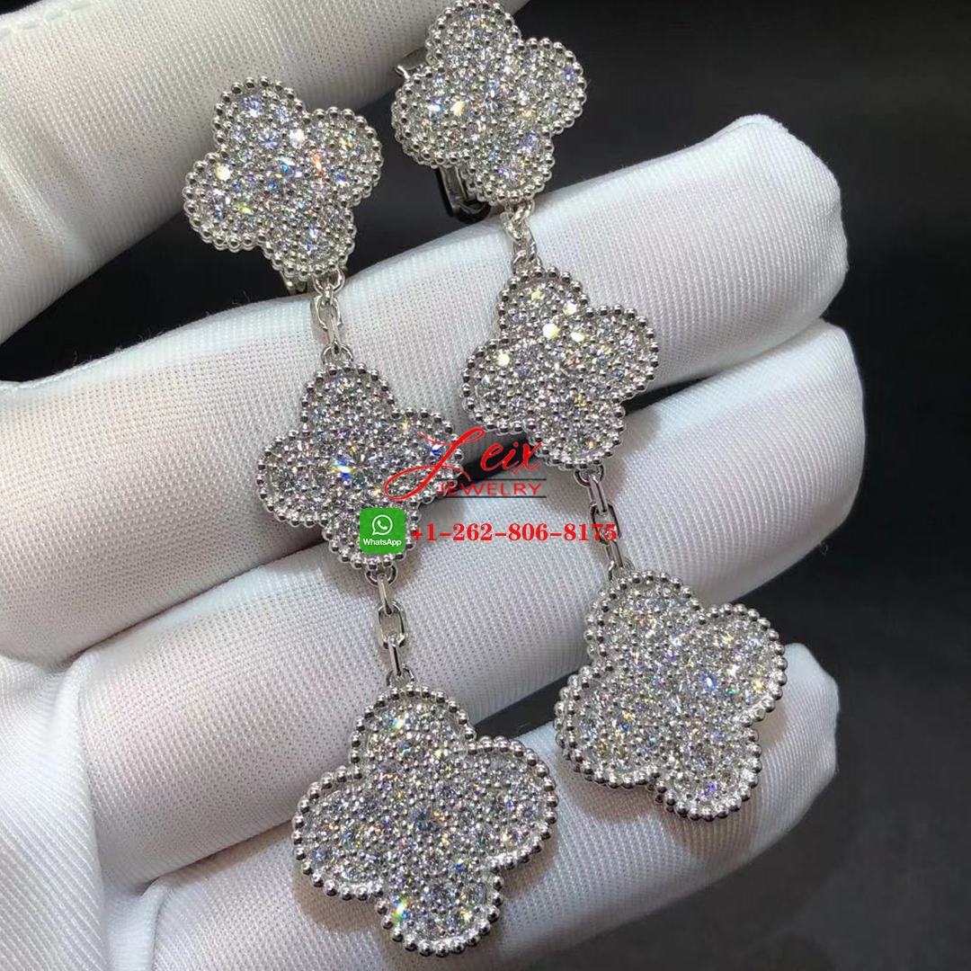Van Cleef & Arpels Magic Alhambra 18K White Gold 3 Motifs 4.26ct Diamond Paved Earrings (3) Van Cleef & Arpels Magic Alhambra 18K White Gold 3 Motifs 4.26ct Diamond Paved Earrings