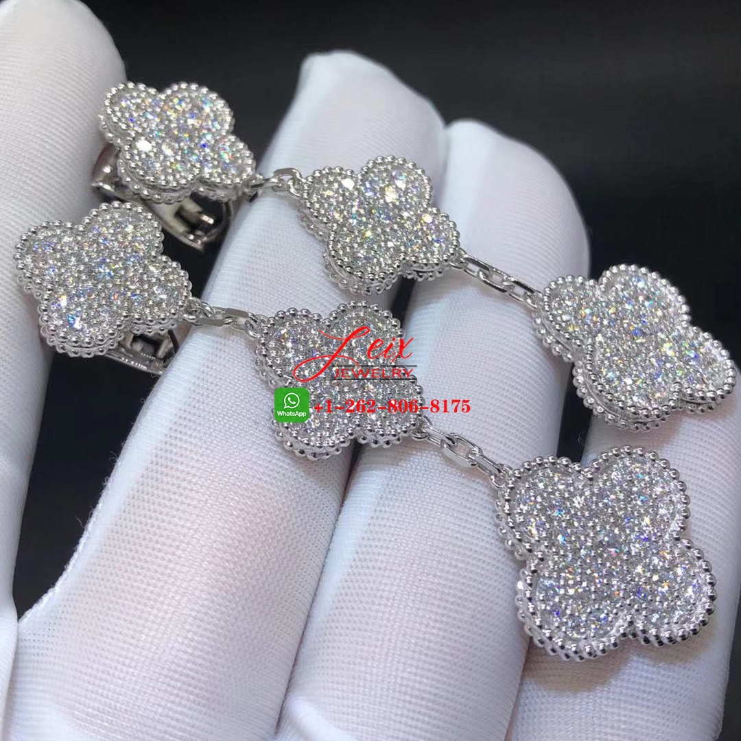 Van Cleef & Arpels Magic Alhambra 18K White Gold 3 Motifs 4.26ct Diamond Paved Earrings (4) Van Cleef & Arpels Magic Alhambra 18K White Gold 3 Motifs 4.26ct Diamond Paved Earrings