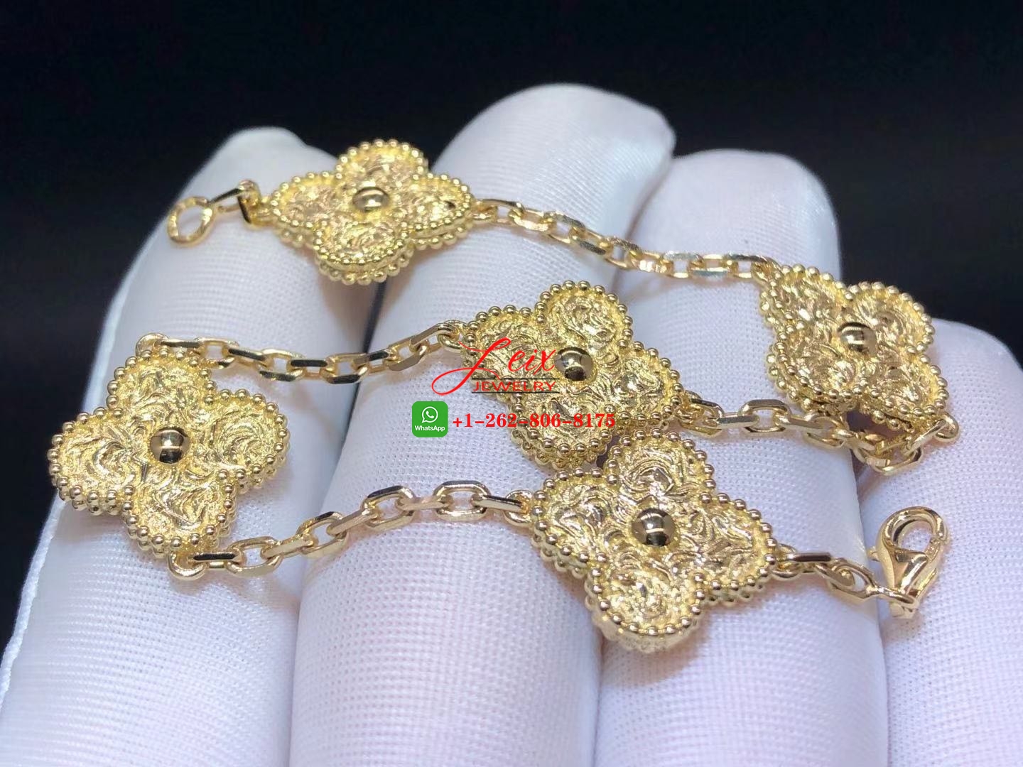 Van Cleef & Arpels Solid 18K Yellow Gold Vintage Alhambra 5 Motifs Bracelet (1) Van Cleef & Arpels Solid 18K Yellow Gold Vintage Alhambra 5 Motifs Bracelet