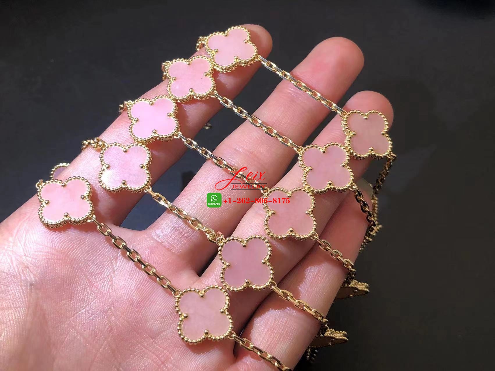 Van Cleef & Arpels Vintage Alhambra 18K Yellow Gold Pink Opal 20 Motifs Long Necklace (1) Van Cleef & Arpels Vintage Alhambra 18K Yellow Gold Pink Opal 20 Motifs Long Necklace