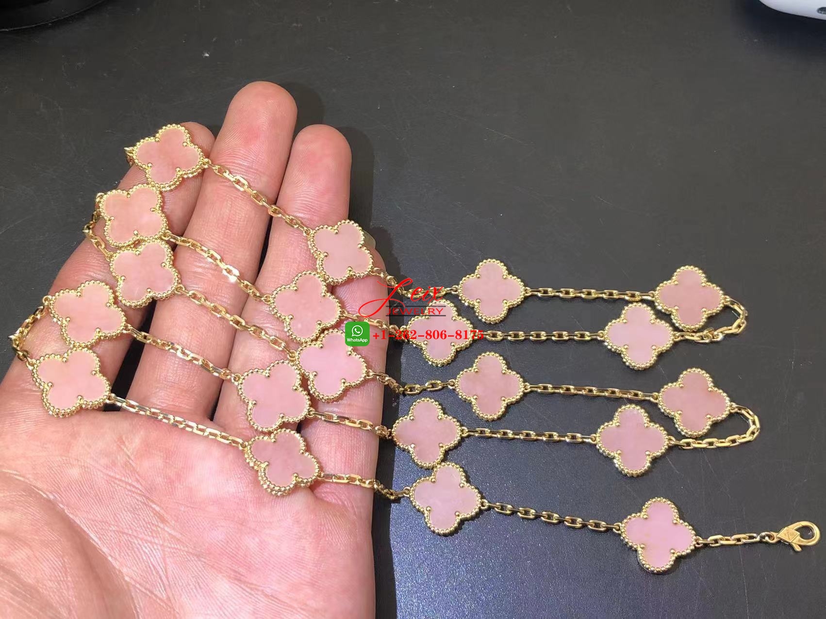 Van Cleef & Arpels Vintage Alhambra 18K Yellow Gold Pink Opal 20 Motifs Long Necklace (3) Van Cleef & Arpels Vintage Alhambra 18K Yellow Gold Pink Opal 20 Motifs Long Necklace