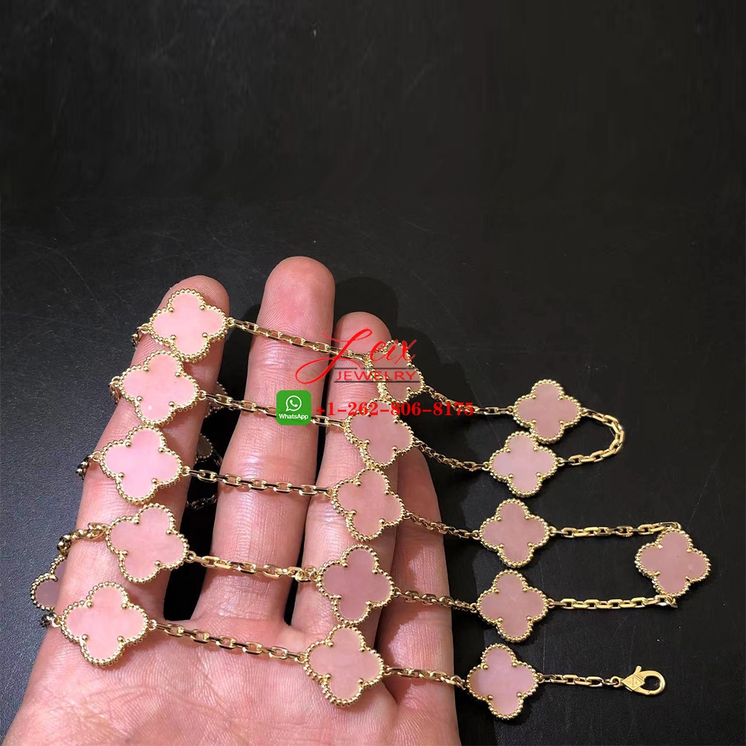 Van Cleef & Arpels Vintage Alhambra 18K Yellow Gold Pink Opal 20 Motifs Long Necklace Van Cleef & Arpels Vintage Alhambra 18K Yellow Gold Pink Opal 20 Motifs Long Necklace
