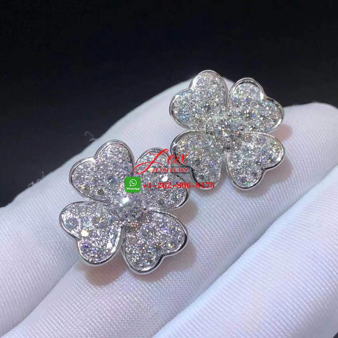 Van Cleef Cosmos 18K White Gold Medium Model 3.14ct Full Pave Diamond Earrings (1) Van Cleef Cosmos 18K White Gold Medium Model 3.14ct Full Pave Diamond Earrings