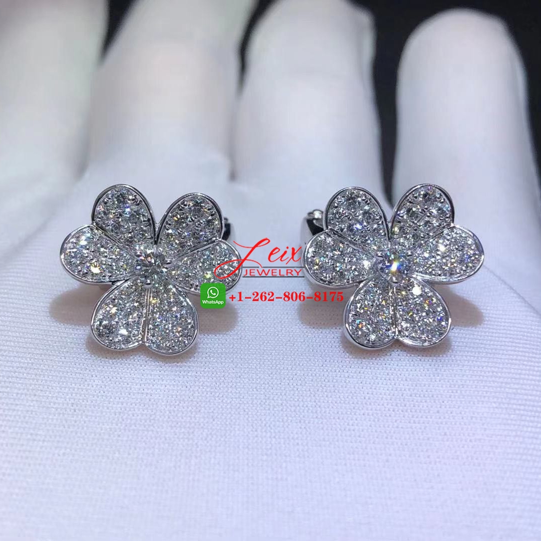 Van Cleef Frivole 18k White Gold Full Pave Diamond Small Model Flower Earrings (1) Van Cleef Frivole 18k White Gold Full Pave Diamond Small Model Flower Earrings