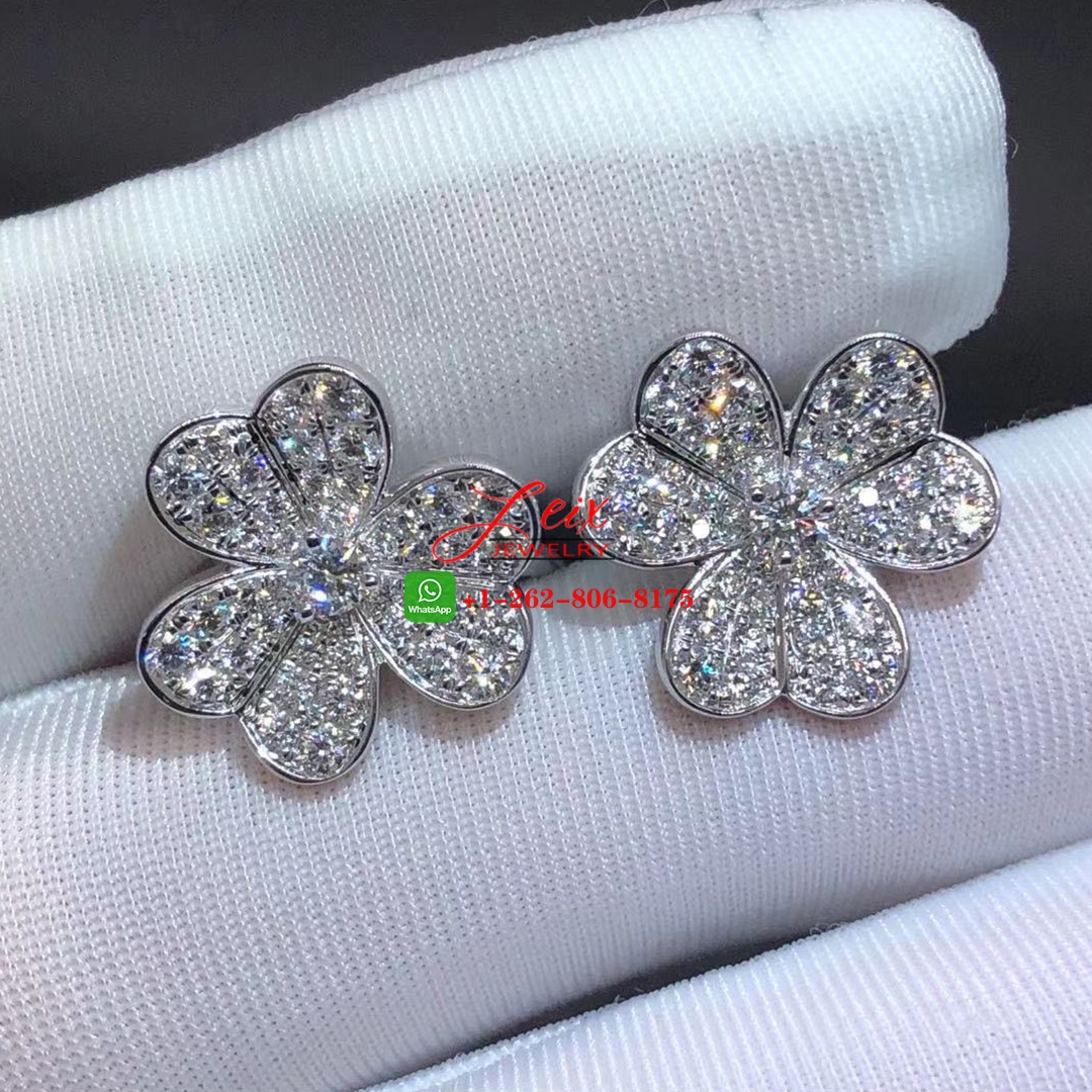 Van Cleef Frivole 18k White Gold Full Pave Diamond Small Model Flower Earrings Van Cleef Frivole 18k White Gold Full Pave Diamond Small Model Flower Earrings