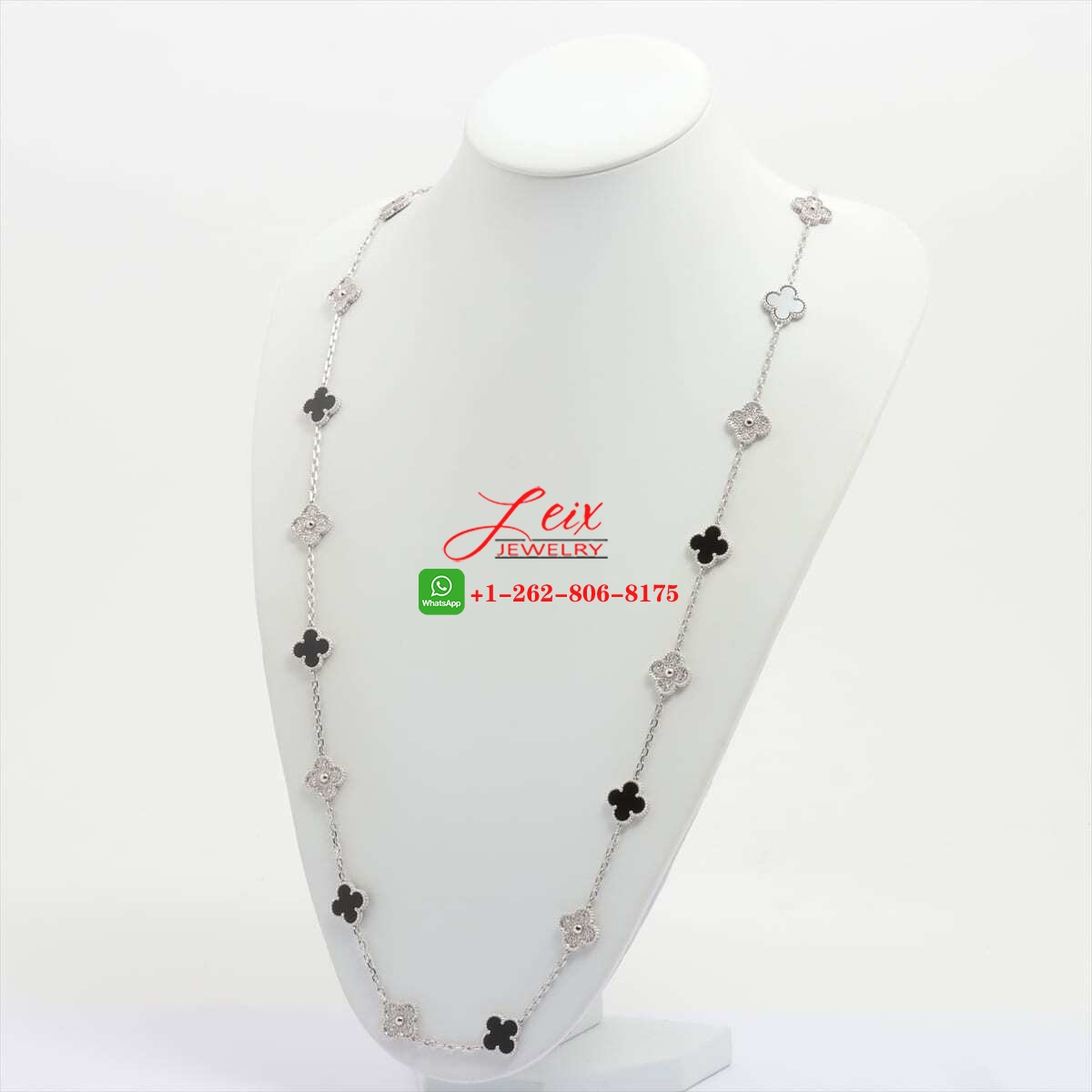 Van Cleef Vintage Alhambra 18k White Gold 20 Motif Diamond & Onyx Long Necklace (1) Van Cleef Vintage Alhambra 18k White Gold 20 Motif Diamond & Onyx Long Necklace