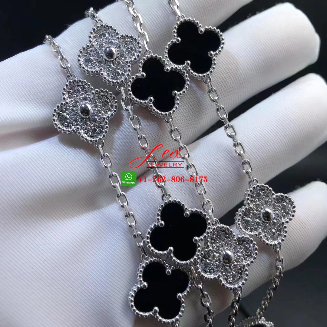Van Cleef Vintage Alhambra 18k White Gold 20 Motif Diamond & Onyx Long Necklace (2) Van Cleef Vintage Alhambra 18k White Gold 20 Motif Diamond & Onyx Long Necklace