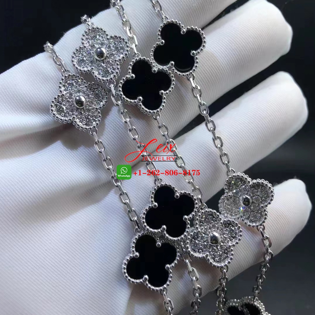Van Cleef Vintage Alhambra 18k White Gold 20 Motif Diamond & Onyx Long Necklace (4) Van Cleef Vintage Alhambra 18k White Gold 20 Motif Diamond & Onyx Long Necklace