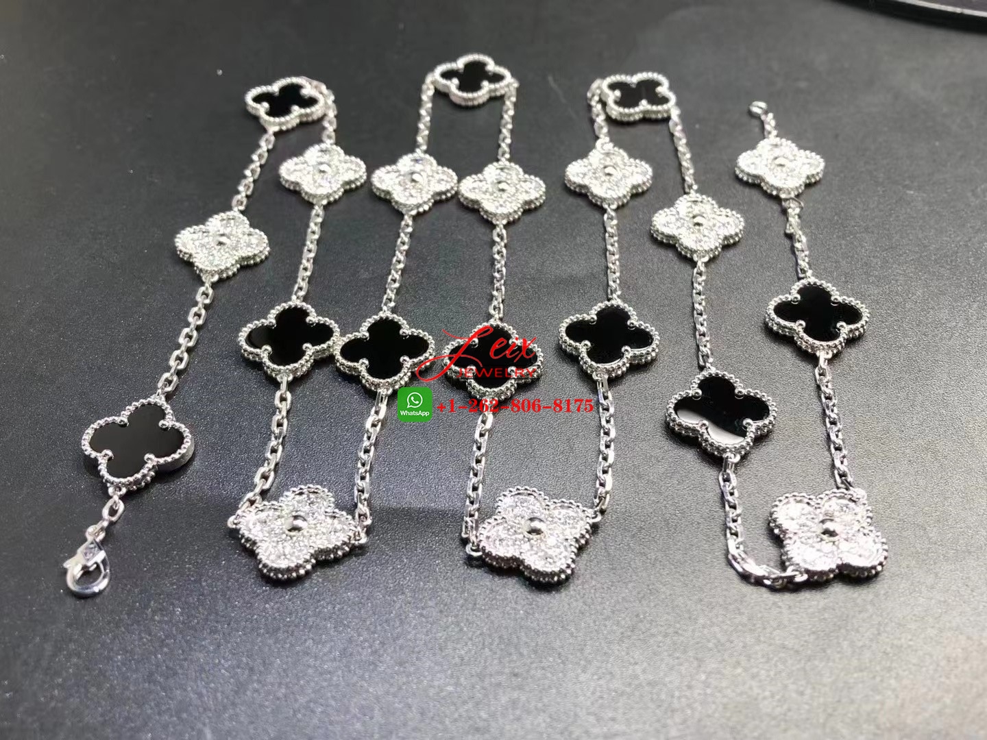 Van Cleef Vintage Alhambra 18k White Gold 20 Motif Diamond & Onyx Long Necklace (5) Van Cleef Vintage Alhambra 18k White Gold 20 Motif Diamond & Onyx Long Necklace