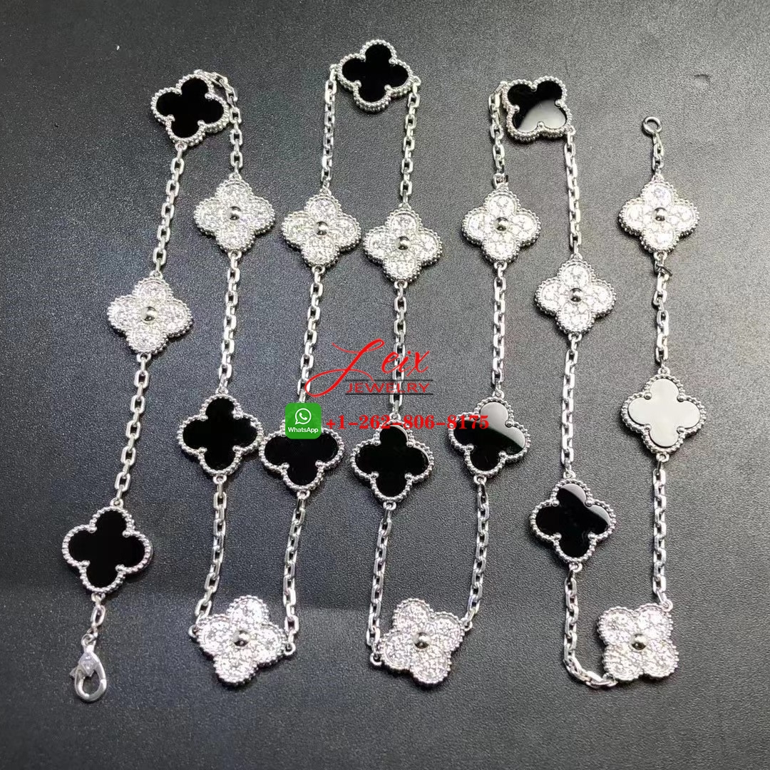 Van Cleef Vintage Alhambra 18k White Gold 20 Motif Diamond & Onyx Long Necklace Van Cleef Vintage Alhambra 18k White Gold 20 Motif Diamond & Onyx Long Necklace