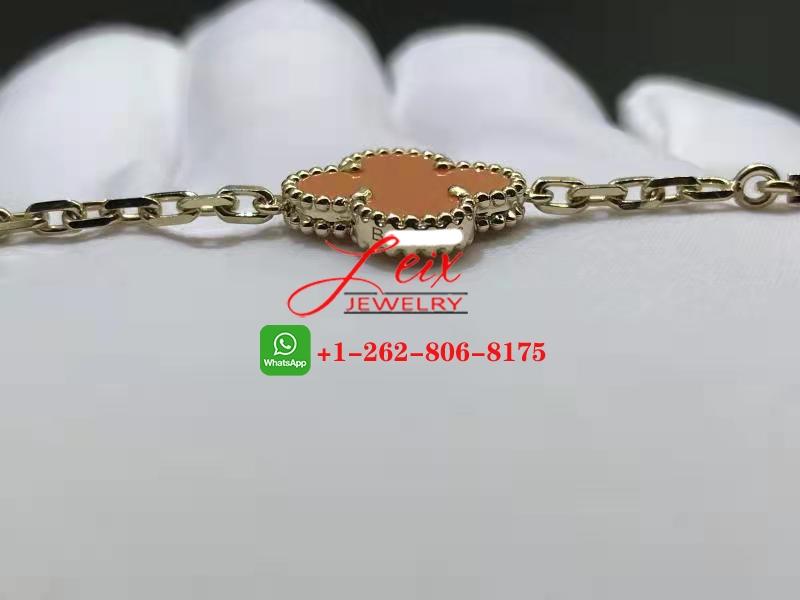 Vintage Alhambra 18k Yellow Gold Orange Coral 20 Motifs Long Necklace (1) VCA Vintage Alhambra 18k Yellow Gold Orange Coral 20 Motifs Long Necklace (2)