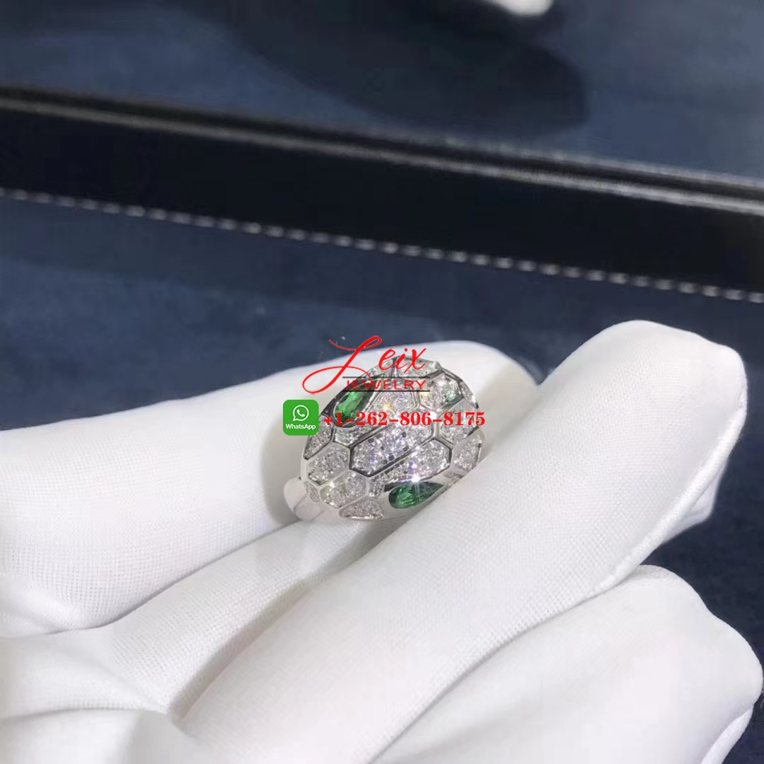 Bulgari Serpenti 18k White Gold Diamonds and Emeralds Snake Ring (1) Bulgari Serpenti 18k White Gold Diamonds and Emeralds Snake Ring